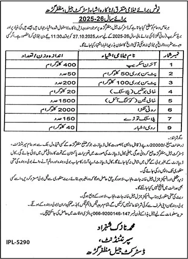 District Jail Muzaffargarh Tender Notice